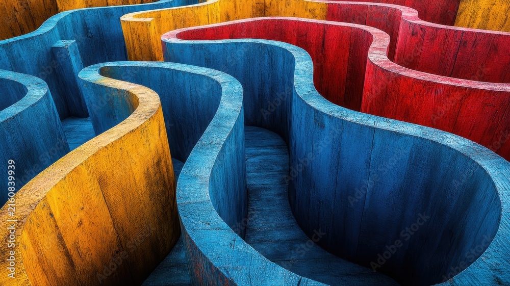 Obraz premium Abstract colorful wooden maze with wavy structures in vibrant blue, red, and yellow hues, modern artistic design, for architecture and creative concepts