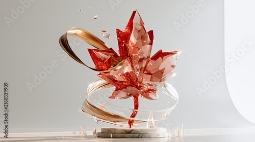 Faceted ruby maple leaf sculpture on marble pedestal with swirling gold ribbons