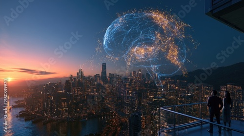 Futuristic cityscape at sunset with glowing digital brain hologram and observing couple