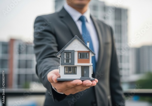 Professional Real Estate Agent Holding Miniature House Model Outdoors