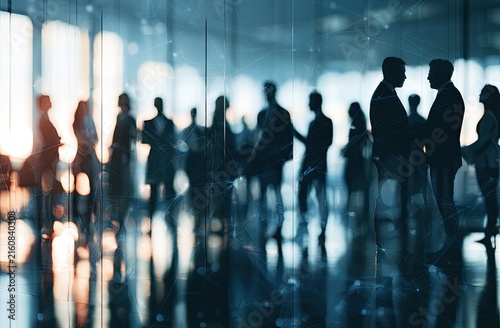 Silhouettes of people in a modern office space with networking overlay at sunset
