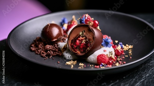 A dark chocolate dessert with raspberry filling and edible gold leaf