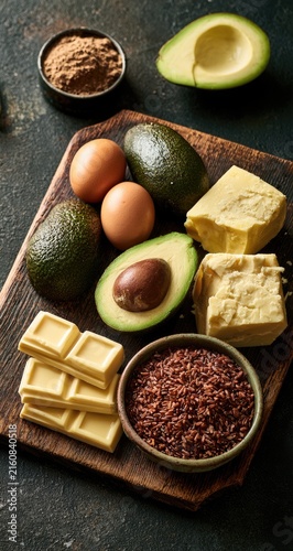 Fresh avocados, eggs, butter, and chocolate pieces arranged artfully on a board