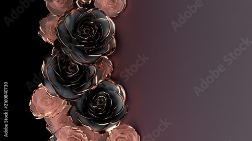 Luxurious black and rose gold roses cascade down a dark, gradient background