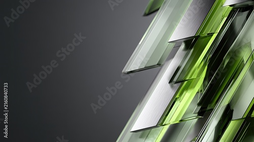 Angular metallic and translucent green shapes create a dynamic abstract composition