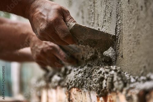 Hands apply cement with a trowel, building exterior construction in progress