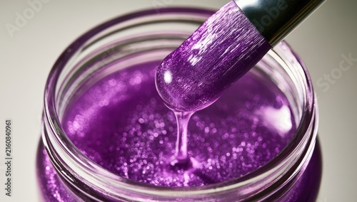 A brush collects iridescent purple liquid from a glass jar