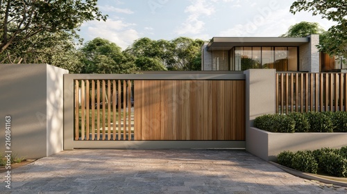 Modern wood and metal gate guards a contemporary residence entrance