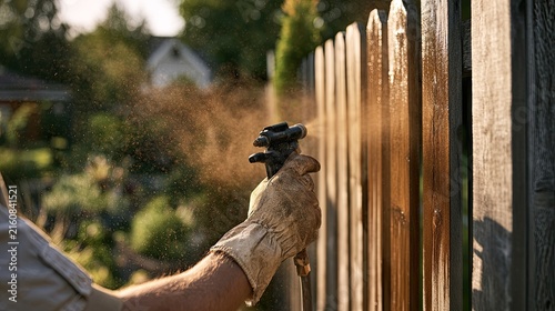 A gloved hand sprays protective sealant onto a weathered wooden fence