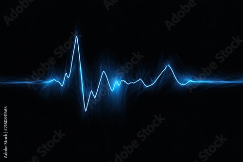 A bright blue glowing waveform pulsates against a dark, abstract background
