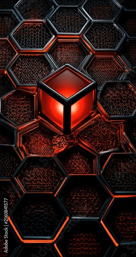Glowing crimson cube atop a textured hexagonal metal grid surface