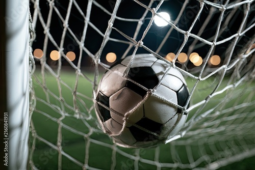Soccer ball scoring a goal in the net, lit by stadium lights