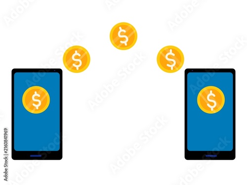 Konstfotografi Fast money transfer concept showing gold currency moving between two smartphones, representing digital payments, mobile banking, financial transactions, and convenient electronic transfers