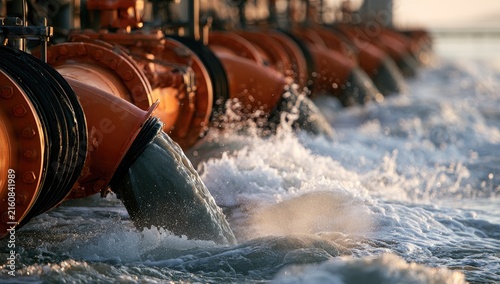 Industrial pipes discharge flowing water into a turbulent river at sunset