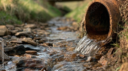 Rusty pipe empties into a shallow stream bed strewn with rocks