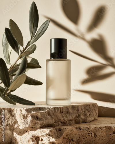 Frosted glass serum bottle black cap natural stone olive branch sunlight minimal luxury skincare organic elegant soft shadow