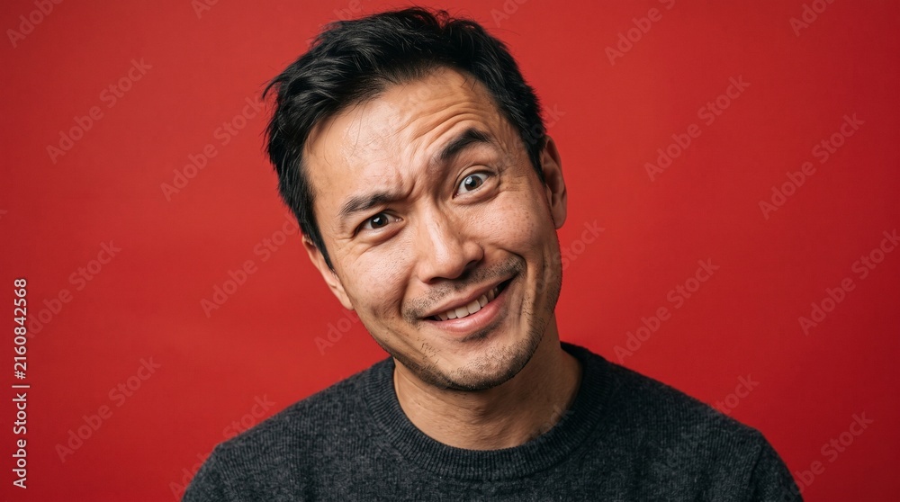 Obraz premium Asian man giving a skeptical smirking face with raised eyebrow isolated on a solid red studio background
