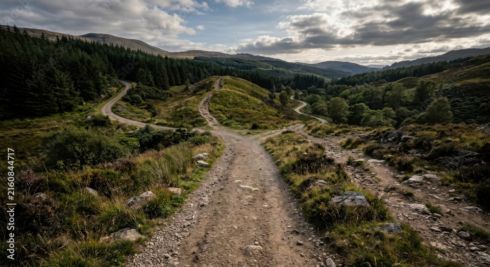 Fototapeta premium Winding dirt path through rolling green hills and forests under a cloudy sky