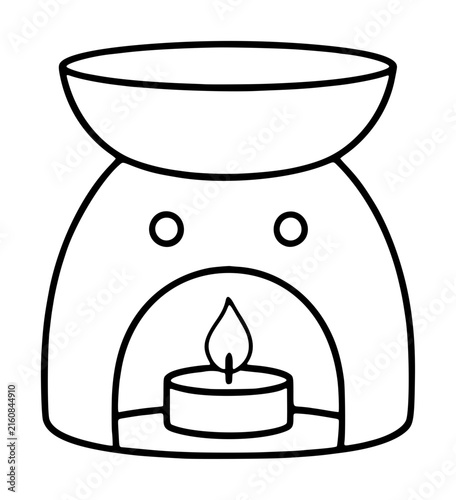Hand-drawn black line vector icon of a cute ceramic wax warmer with lit tealight candle inside, minimal outline illustration for spa and aromatherapy designs