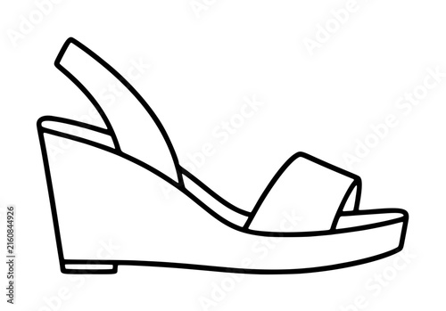 Hand-drawn vector illustration of a sleek wedge sandal featuring an elegant ankle strap and elevated platform sole, rendered in minimalist black outline style for fashion and footwear design projects
