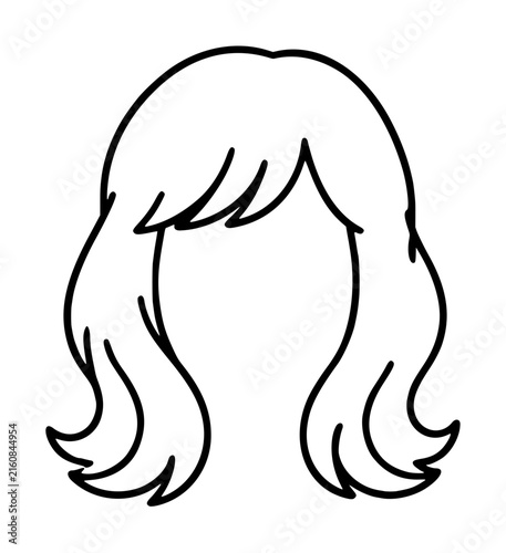 Hand drawn vector illustration of a female hairstyle outline icon featuring medium length wavy hair with layered bangs and flowing curls in a minimalist line art style on white background
