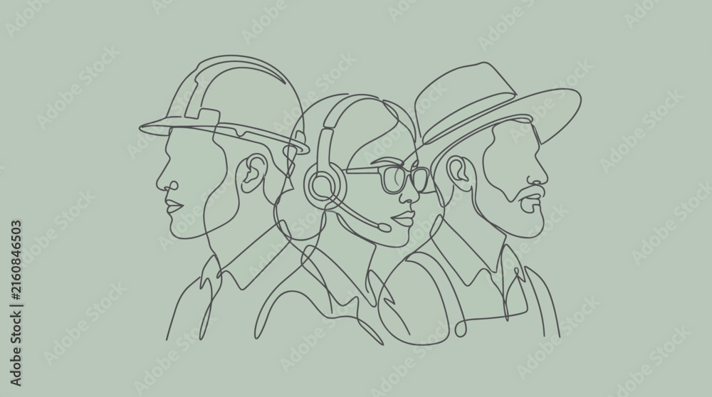 Fototapeta premium Continuous Line Art Illustration of Diverse Professionals Including Construction Worker, Customer Support Agent, and Farmer Representing Labor Force and Essential Workers on Green Background
