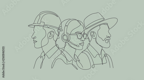 Continuous Line Art Illustration of Diverse Professionals Including Construction Worker, Customer Support Agent, and Farmer Representing Labor Force and Essential Workers on Green Background