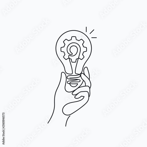 Minimalist Continuous Line Drawing of a Hand Holding a Light Bulb with Gear Inside, Symbolizing Creative Innovation, Engineering Ideas, and Problem Solving Concept on White Background