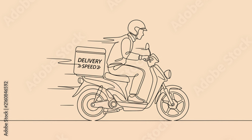 Continuous Line Drawing of a Fast Delivery Courier Riding a Scooter with Food Box, Minimalist One Line Art of Express Shipping Service and Speed Motion on a Neutral Background