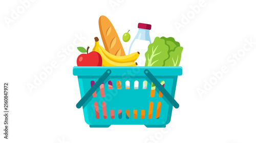 A grocery shopping basket filled with fresh colorful food items in this clean flat vector graphic design