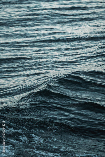 Close-up view of dark blue ocean waves and rippling water texture with gentle swells and motion