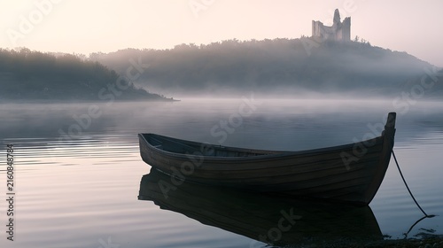 Ancient fishing boat adrift on misty lake evokes serene solitude cinematic landscape photography