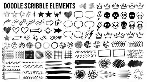 Set of handdrawn doodle scribble elements including stars, hearts, arrows, skulls, crowns, speech bubbles, lines, and patterns