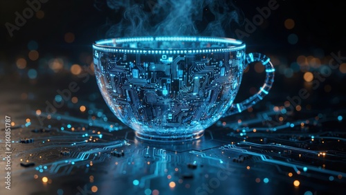 A glowing digital teacup made of circuit boards sits on a motherboard surface with steam. Concept of artificial intelligence and futuristic coffee breaks.