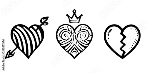 Hand Drawn Heart Icons with Arrow Crown and Broken Heart Vector Set