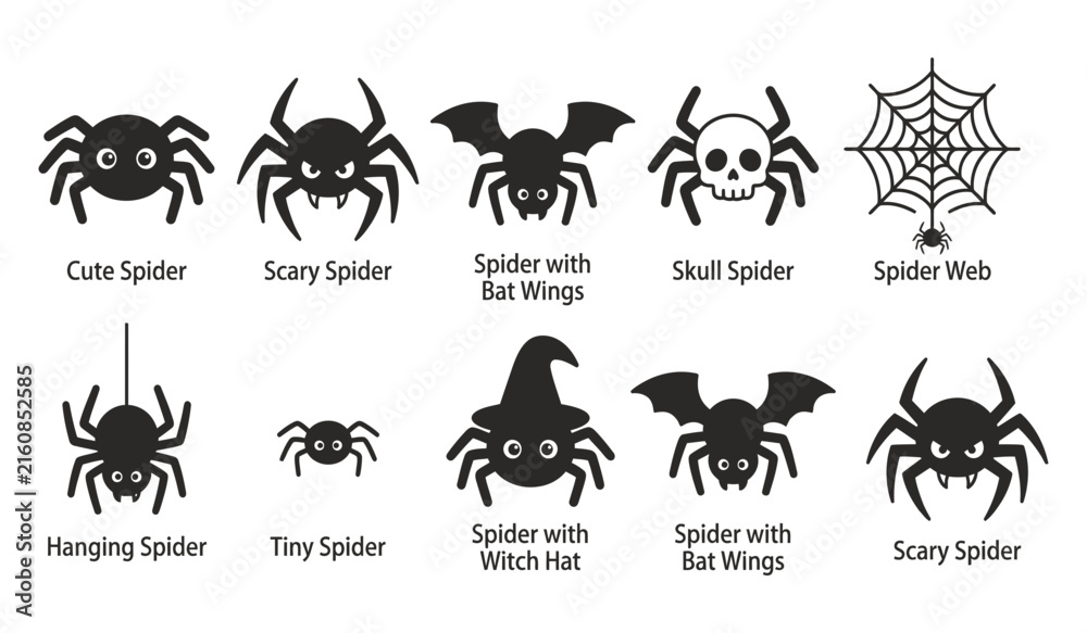 Fototapeta premium Set of black spider icons for halloween featuring various cute and scary designs with bat wings skulls and witch hats