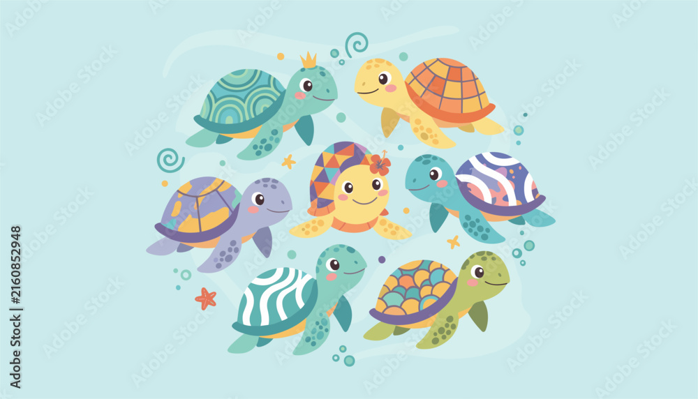 Obraz premium Cute baby turtles swimming in a playful circle under water with bubble elements in minimalist vector design.