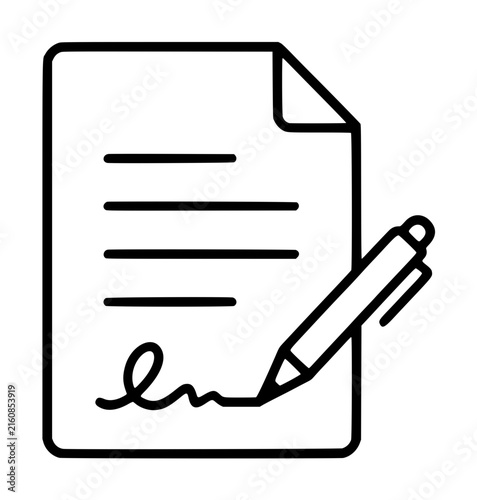 Hand-traced vector icon illustration depicting a paper document page with text lines and a handwritten signature, accompanied by a pen resting on the page, representing a signed contract or legal