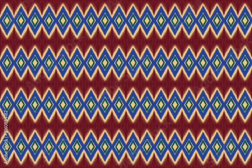 Seamless Ethnic Ikat Geometric Pattern Design with Chevron and Diamond Motifs in Deep Red, Blue, and Gold