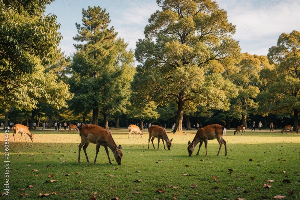 Fototapeta premium Wild deer graze on green grass in Nara Park Japan. Herd of cervids eat in forest meadow under tall trees. Peaceful landscape with many animals in nature sanctuary. Scenic outdoor view of wildlife in