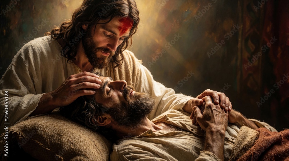 Obraz premium Jesus performs healing touch on sick man, offering spiritual comfort and hope. Illustration shows compassion, divine intervention, and care during difficult times. Focus on divine love and faith.