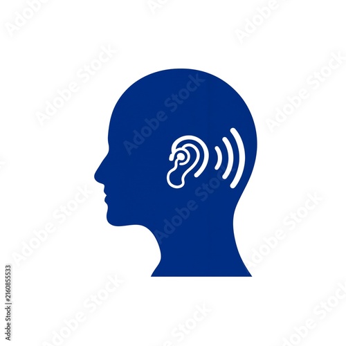 Foto Blue silhouette of human head profile with ear icon and sound waves representing