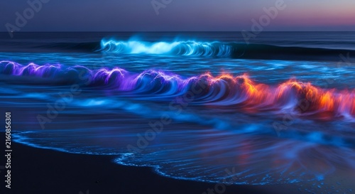 Bioluminescent Waves Glowing with Electric Blue and Fiery Orange Light.