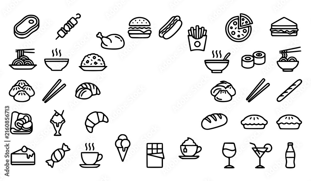 Fototapeta premium Gastronomy Line Icon Collection with Food Fast Food Desserts Asian Cuisine and Drink Symbols