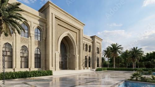 Modern luxury mansion exterior featuring traditional Islamic architecture with palm trees and a bright sunny courtyard. Perfect for real estate and luxury travel concepts.