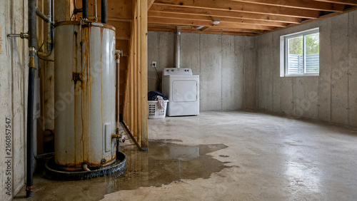 Failed water heater leaking on a basement floor - insurance claim - copy space