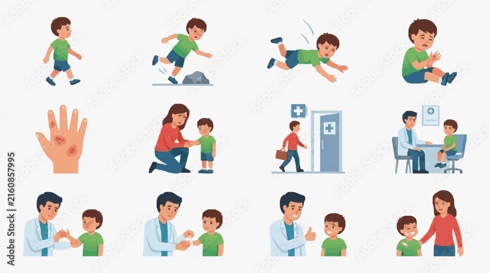 Fototapeta premium Sleek Illustrated Guide to Child First Aid and Medical Visit Steps with Bright Colors and Engaging Characters