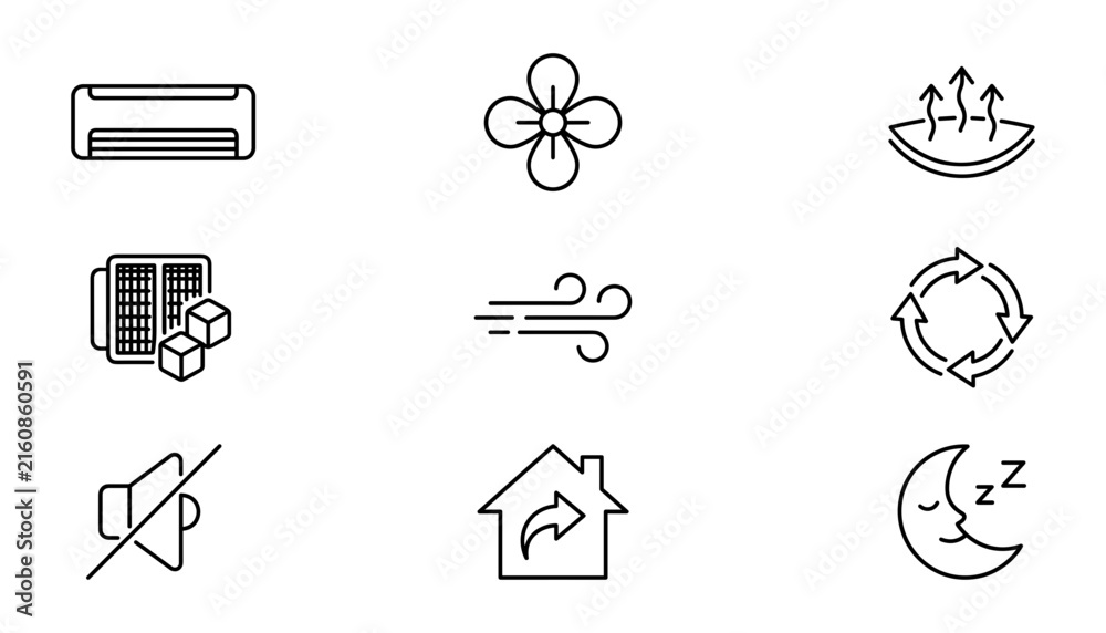 Fototapeta premium ir conditioning and home ventilation system outline icon set for climate control technology product interface 