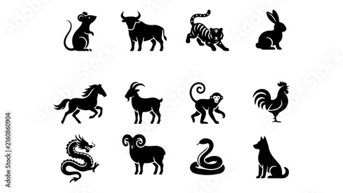 Chinese Zodiac Animal Silhouettes Set for Astrology and Lunar New Year Design Projects