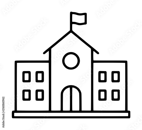 Hand-traced vector icon illustration of a classic school building with a flag on top, central tower featuring a round window, arched doorway, and symmetrical wings with multiple windows in clean